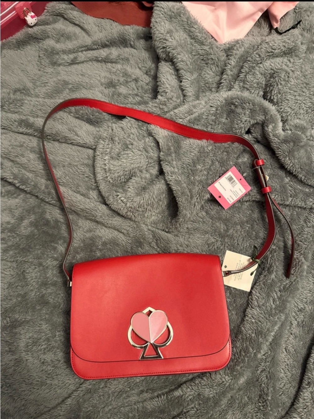 kate spade Red Leather Crossbody with Pink Heart Spade Accent